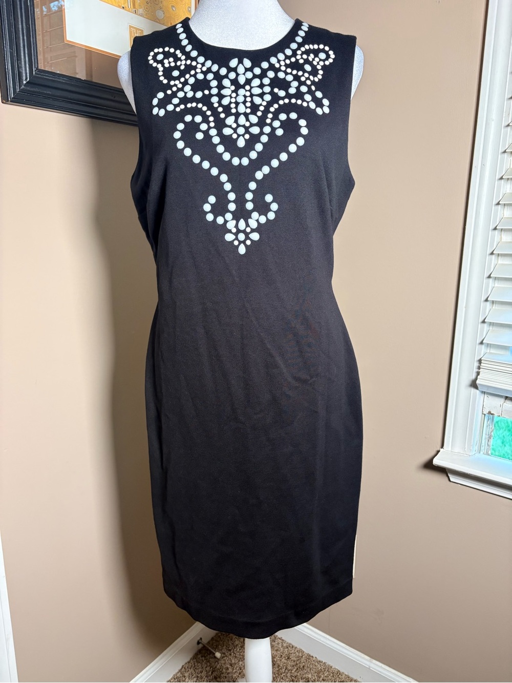 Carmen Marc Valvo Black Sleeveless Sheath Dress with White Beaded Neckline